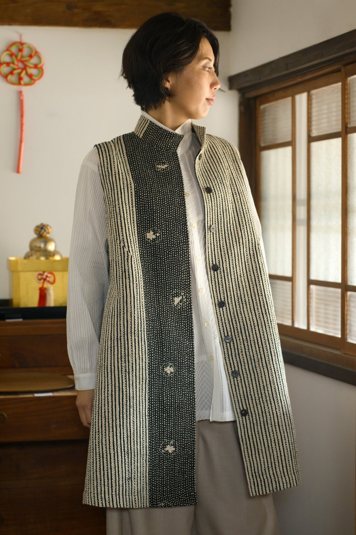 45R 刺し子のロングベスト 刺し子本場大島紬ロングベスト | ムー・ジュ ムナカタ