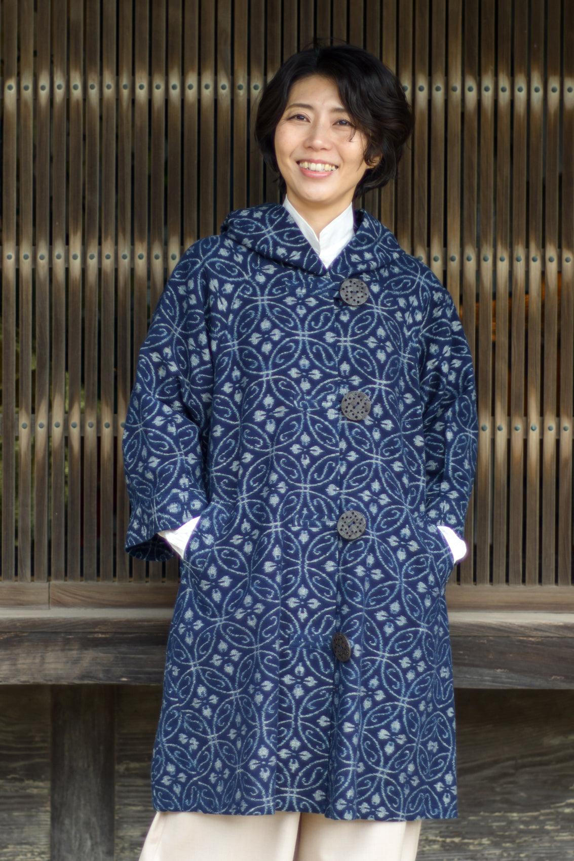 久留米絣 パッチワーク フード付きコート 太宰府NISHOUDO カノニショウ堂 久留米絣 パッチワーク フード付きコート 太宰府NISHOUDO カノニショウ