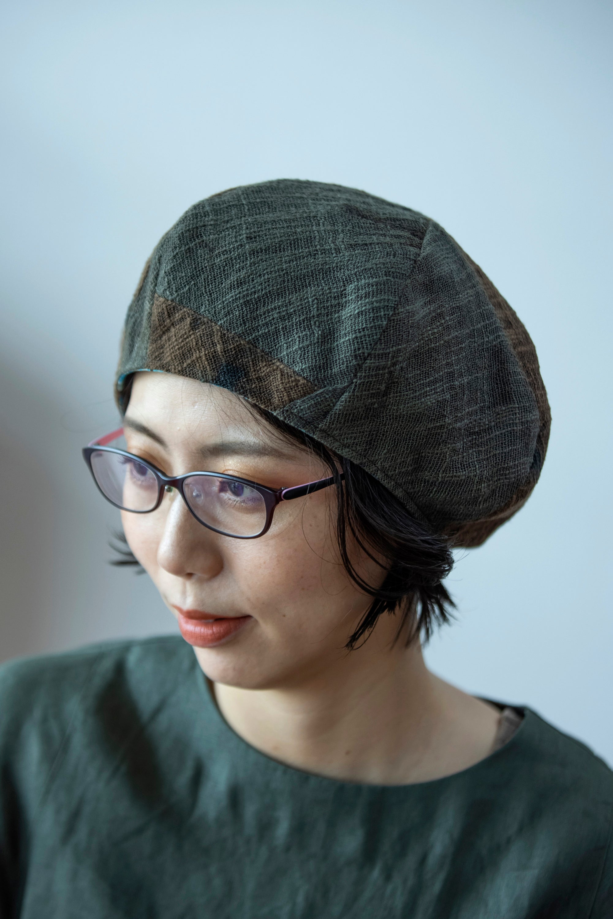 Persimmon tannin dyeing<br> patchwork beret