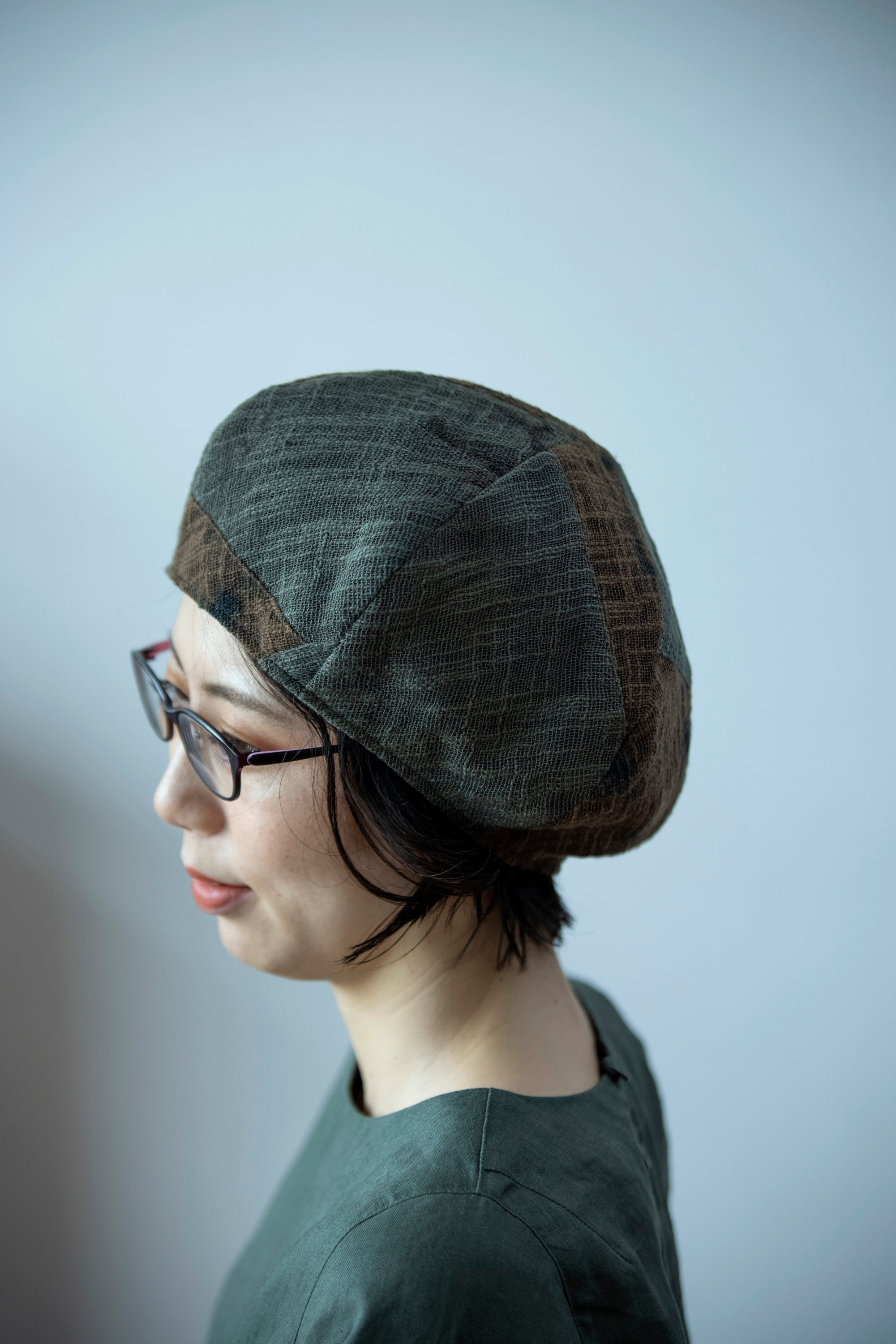 Persimmon tannin dyeing<br> patchwork beret